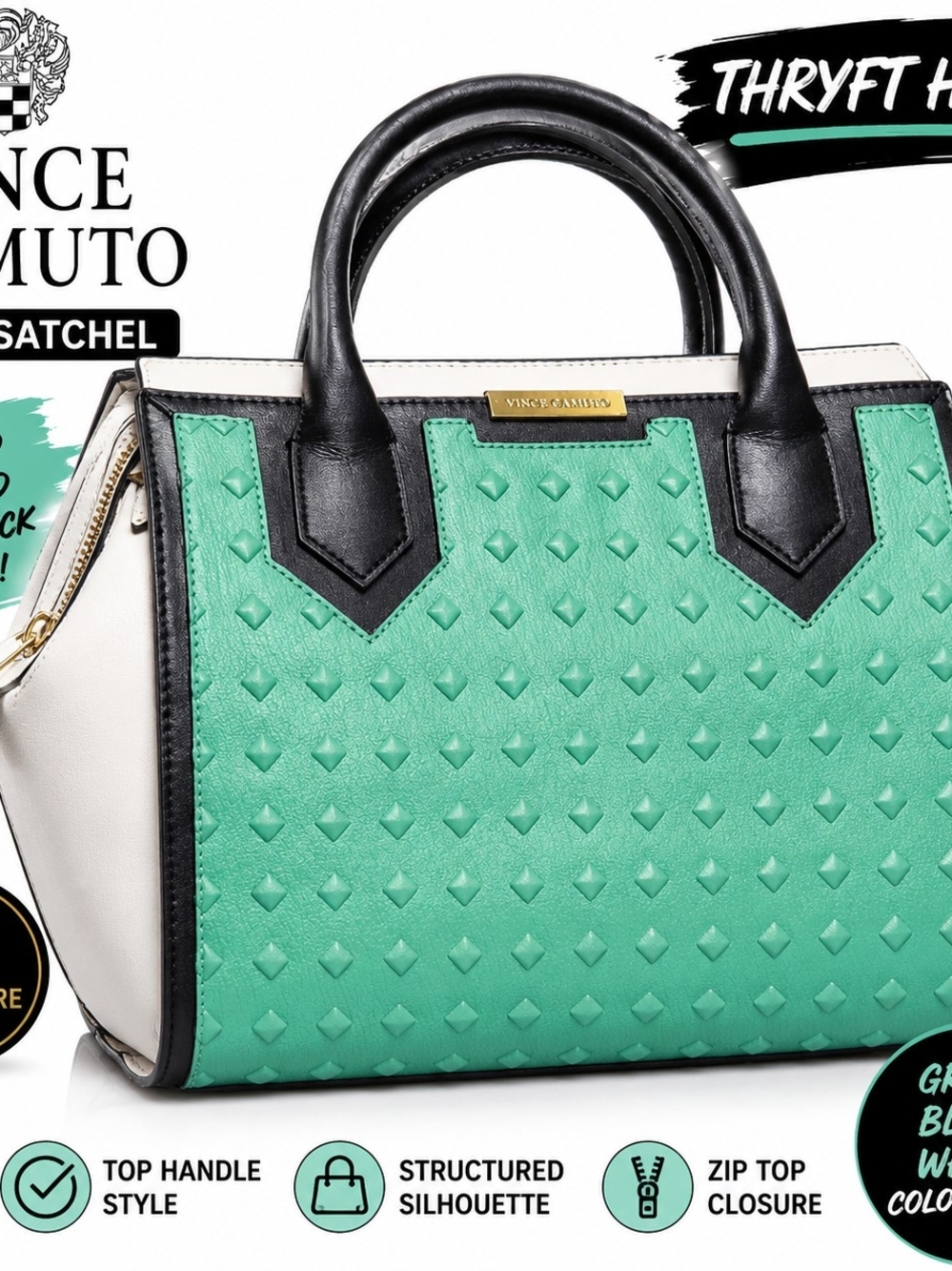 Vince Camuto Mint Green & Black Studded Satchel
